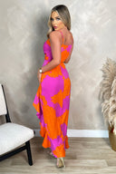 Pink And Orange Floral Printed Wrap Over Strappy Midi Dress