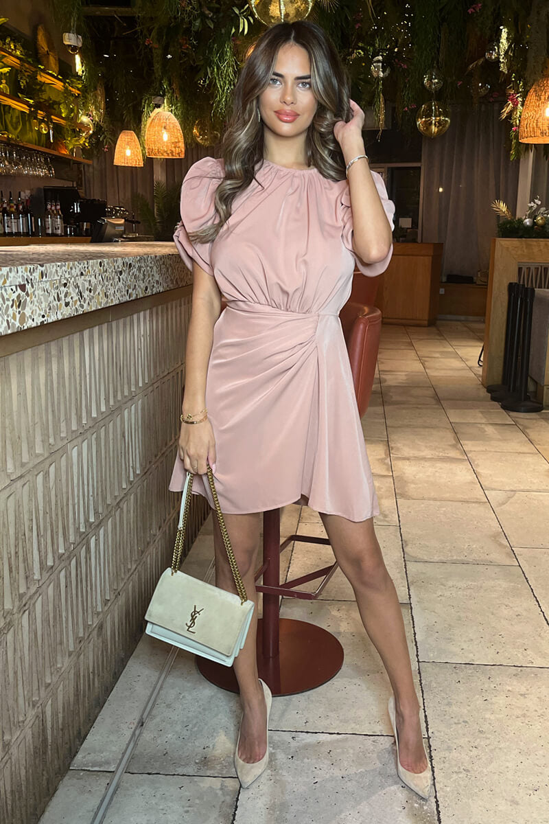 Blush Short Puff Sleeve Drape Skirt Mini Dress