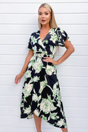 Multi Green And Black Floral Printed Short Sleeve Belted Wrap Midi Dress