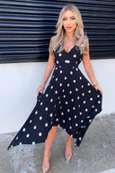 Black Polka Dot Sleeveless Pleated Dress