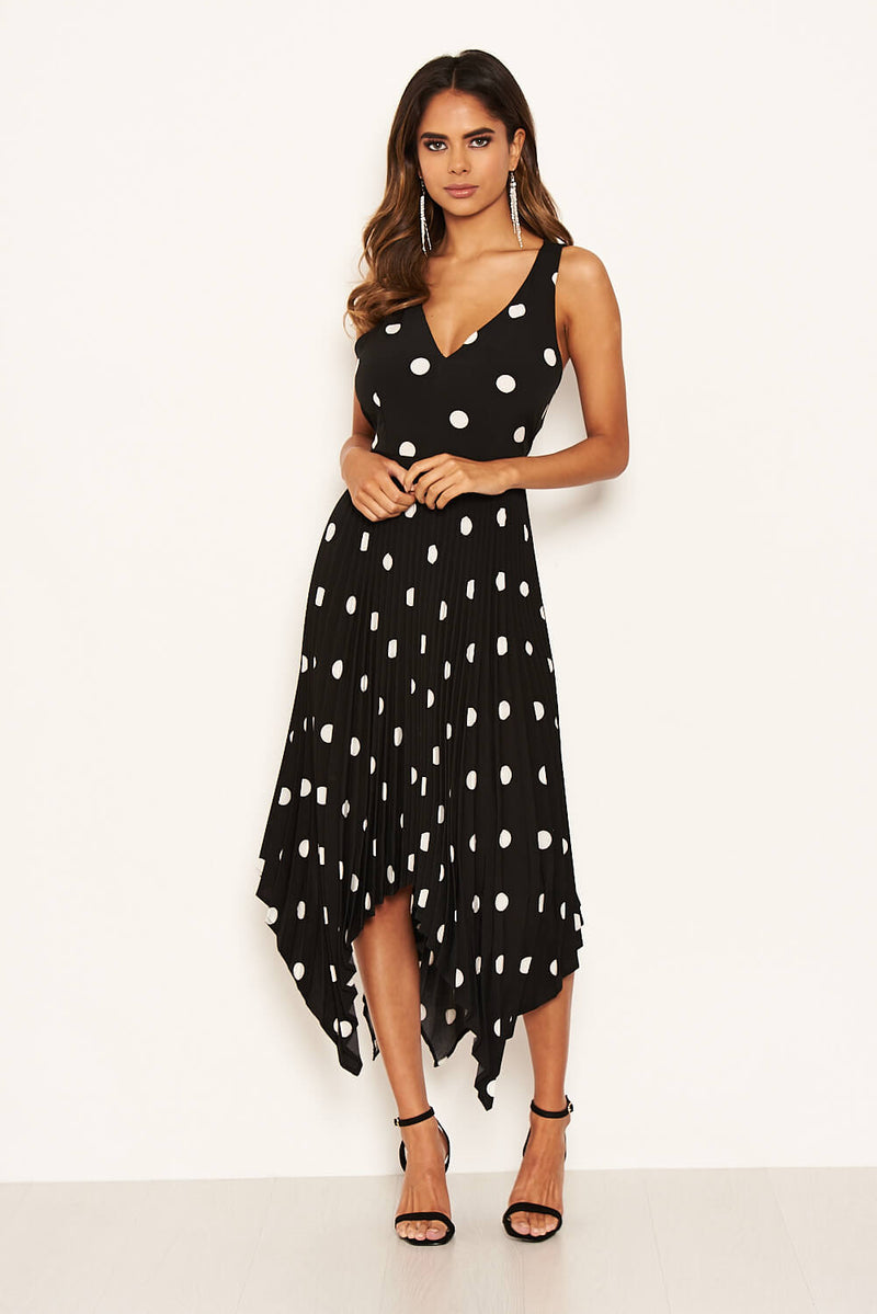 Black Polka Dot Sleeveless Pleated Dress