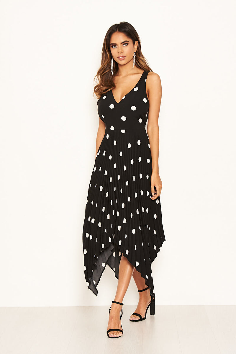 Black Polka Dot Sleeveless Pleated Dress