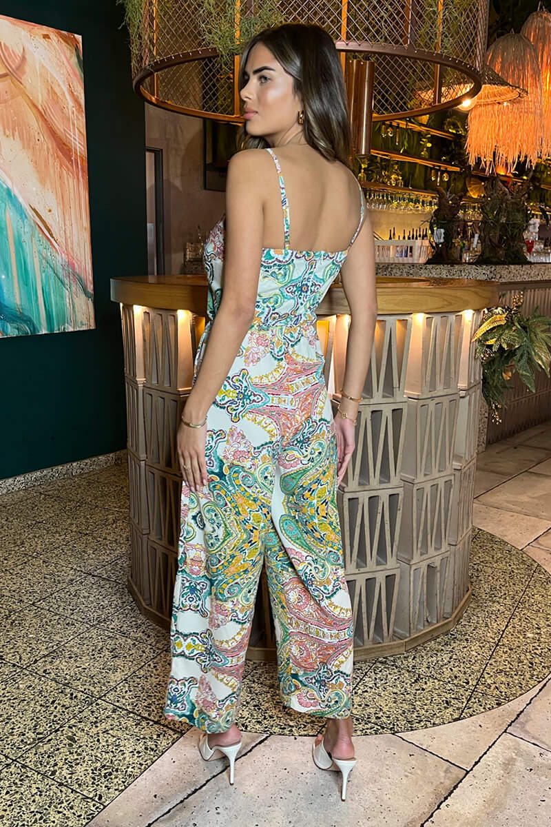 Green Paisley Multi Print V Neck Jumpsuit