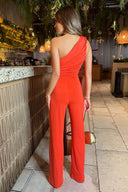 Burnt Orange One Shoulder Ruched Top Slinky Jumpsuit