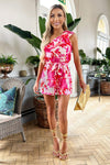 Pink Floral One Shoulder Frill Playsuit