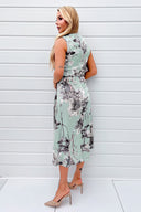 Duck Egg Print Gathered Midi Dress With Shoulder Pads