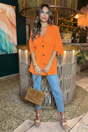 Orange Button Up Ruched Detail Smock V-Neck Top