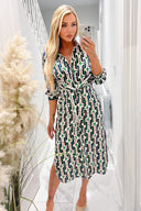 Green And Blue Geometric Multi Printed  3/4 Cuffed Sleeve Wrap Tie Midi Dress