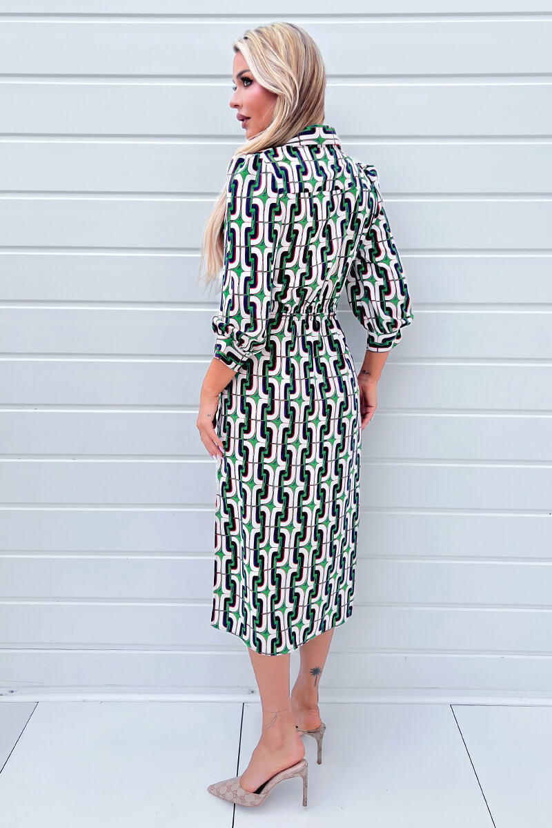 Green And Blue Geometric Multi Printed  3/4 Cuffed Sleeve Wrap Tie Midi Dress