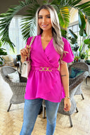 Hot Pink Short Sleeve Wrap Belted Top