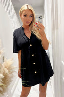 Black Button Up Ruched Detail Smock V-Neck Dress