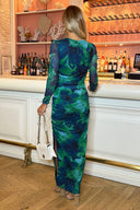 Green Printed Mesh Long Sleeve Bodycon Midi Dress