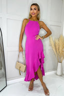 Hot Pink Racer Neck High Low Frill Hem Midi Dress