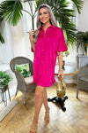 Hot Pink Frill Detail Gold Button Front Shirt Dress