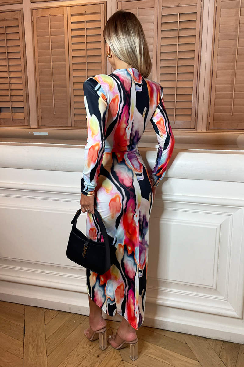 Multi Abstract Print Long Sleeve Bodycon Midi Dress