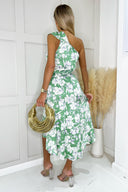 Green Floral Printed One Shoulder Frill Detail Dipped Hem Dress