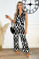 Black And Cream Abstract Print Jumpsuit