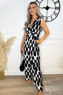 Black And Cream Abstract Print Jumpsuit