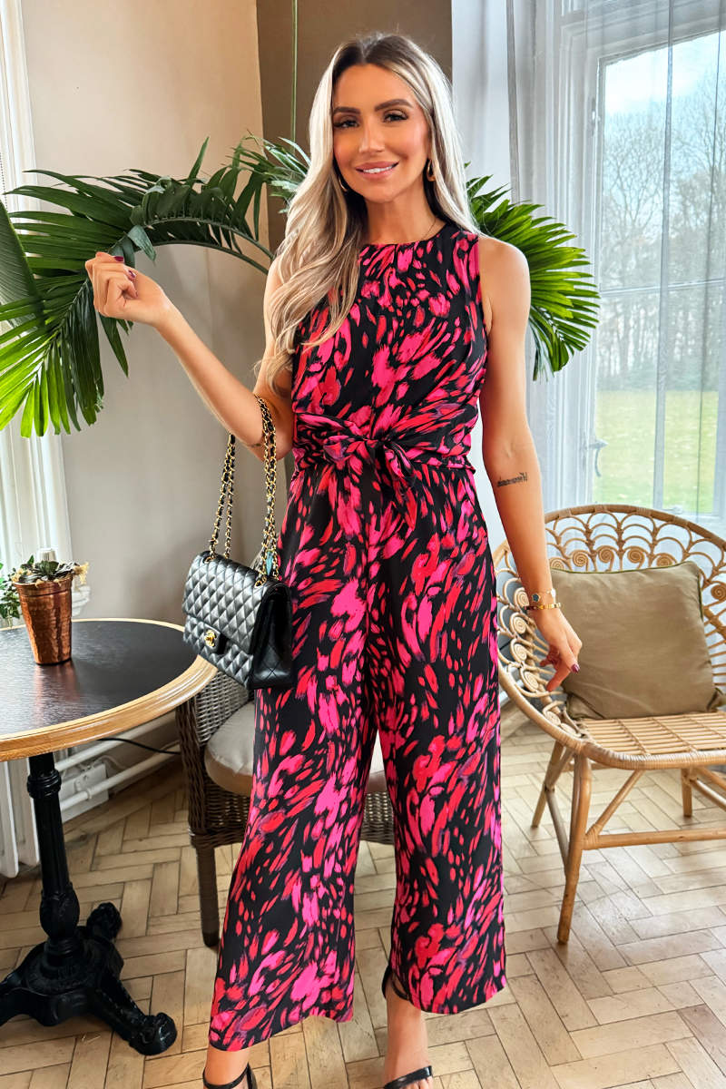 Pink And Black Printed Sleeveless Knot Front Jumpsuit