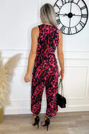 Pink And Black Printed Sleeveless Knot Front Jumpsuit