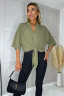 Khaki V-Neck Collar Tie Front Shirt