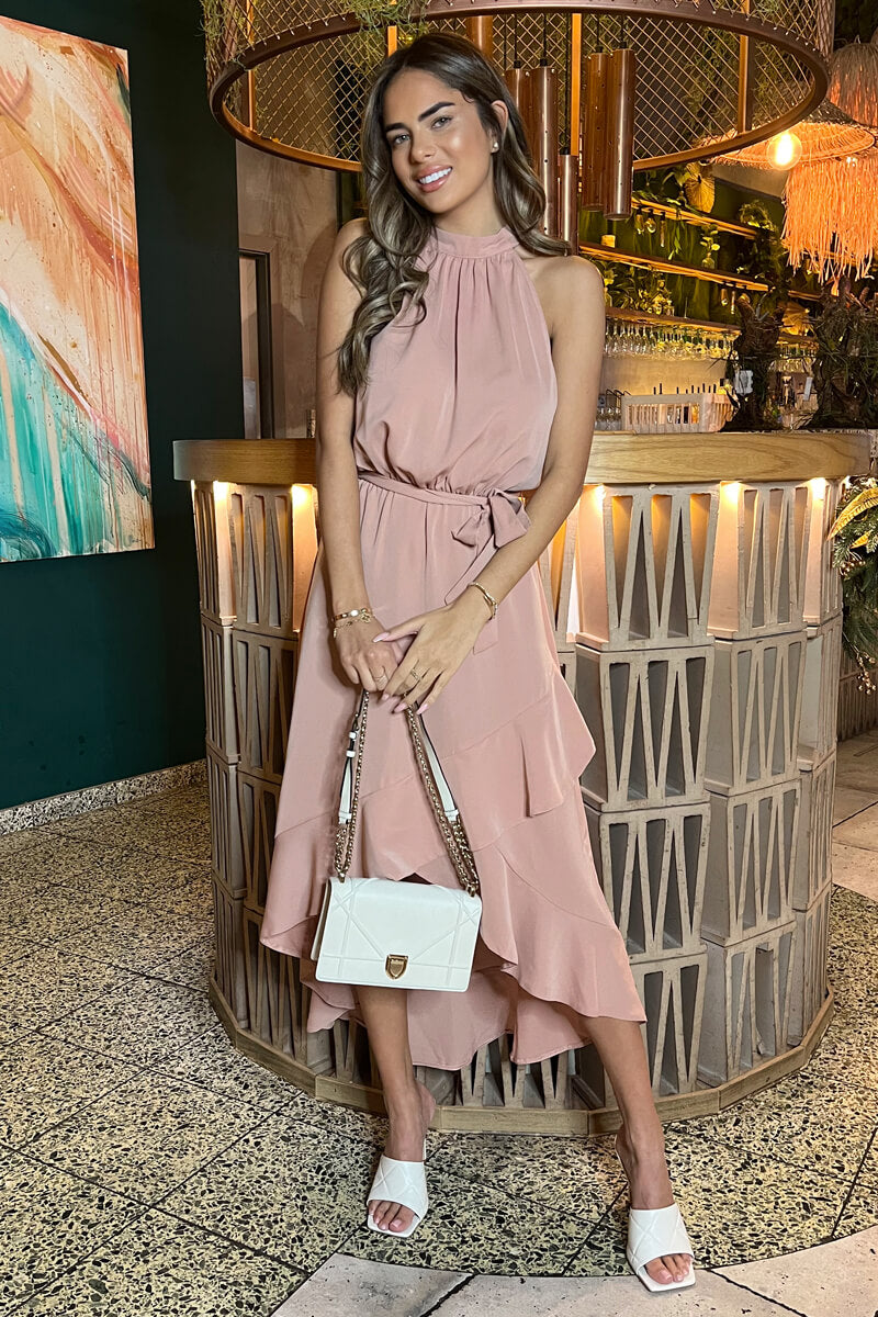 Blush Halterneck Dipped Hem Midi Dress