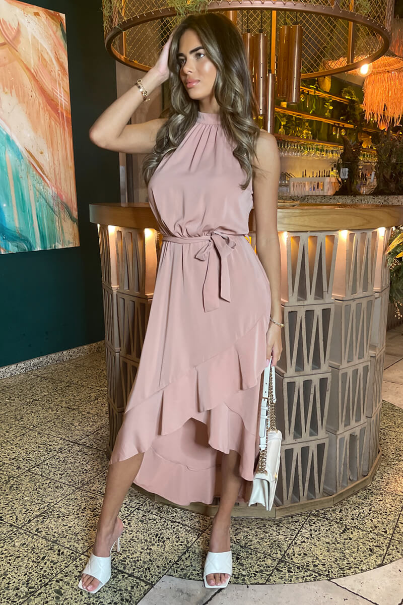 Blush Halterneck Dipped Hem Midi Dress