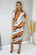 Cream And Orange Abstract Print Mesh Long Sleeve Bodycon Midi Dress