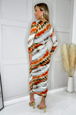 Cream And Orange Abstract Print Mesh Long Sleeve Bodycon Midi Dress