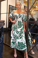 Cream and Green Printed Elasticated Waist Bardot Midi Dress