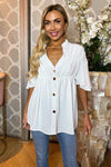 Cream Button Up Ruched Detail Smock V-Neck Top