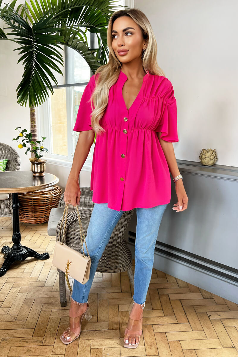 Hot Pink Button Up Ruched Detail Smock V-Neck Top