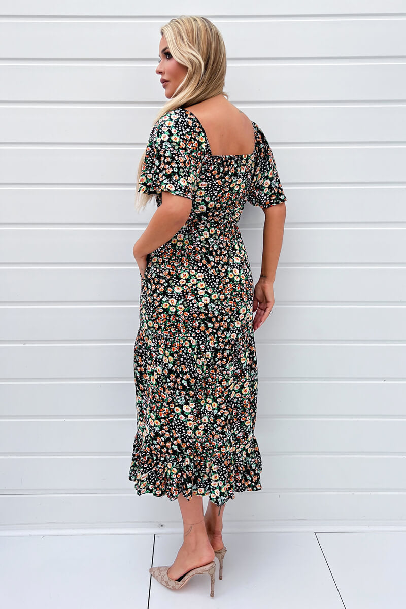 Multi Ditsy Printed Flutter Sleeve Midi Dress