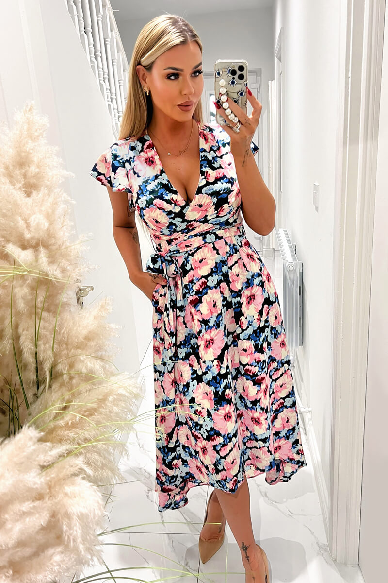 Pink Floral Print Short Sleeve Belted Wrap Midi Dress