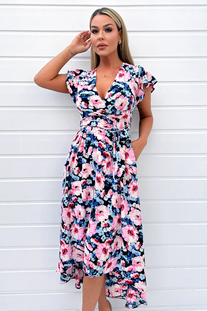 Pink Floral Print Short Sleeve Belted Wrap Midi Dress