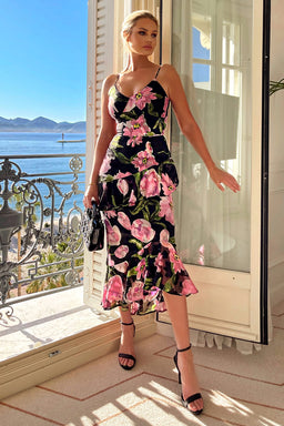 Black And Pink Lace Embroidered Frill High Low Midi Dress