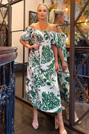 Cream and Green Printed Elasticated Waist Bardot Midi Dress