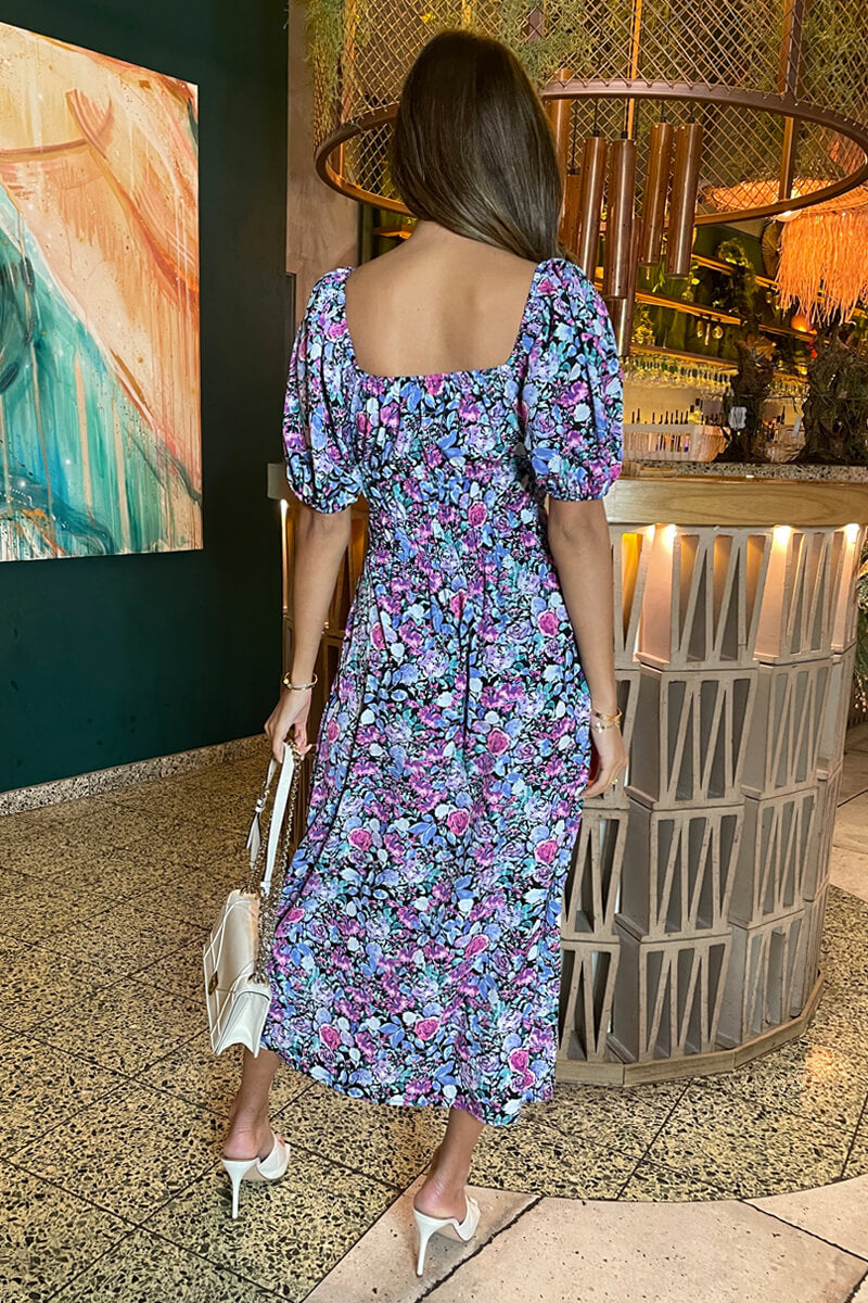 Lilac Floral Printed Puff Sleeve Midi Dress