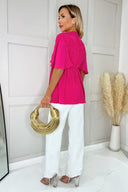 Hot Pink Button Up Ruched Detail Smock V-Neck Top