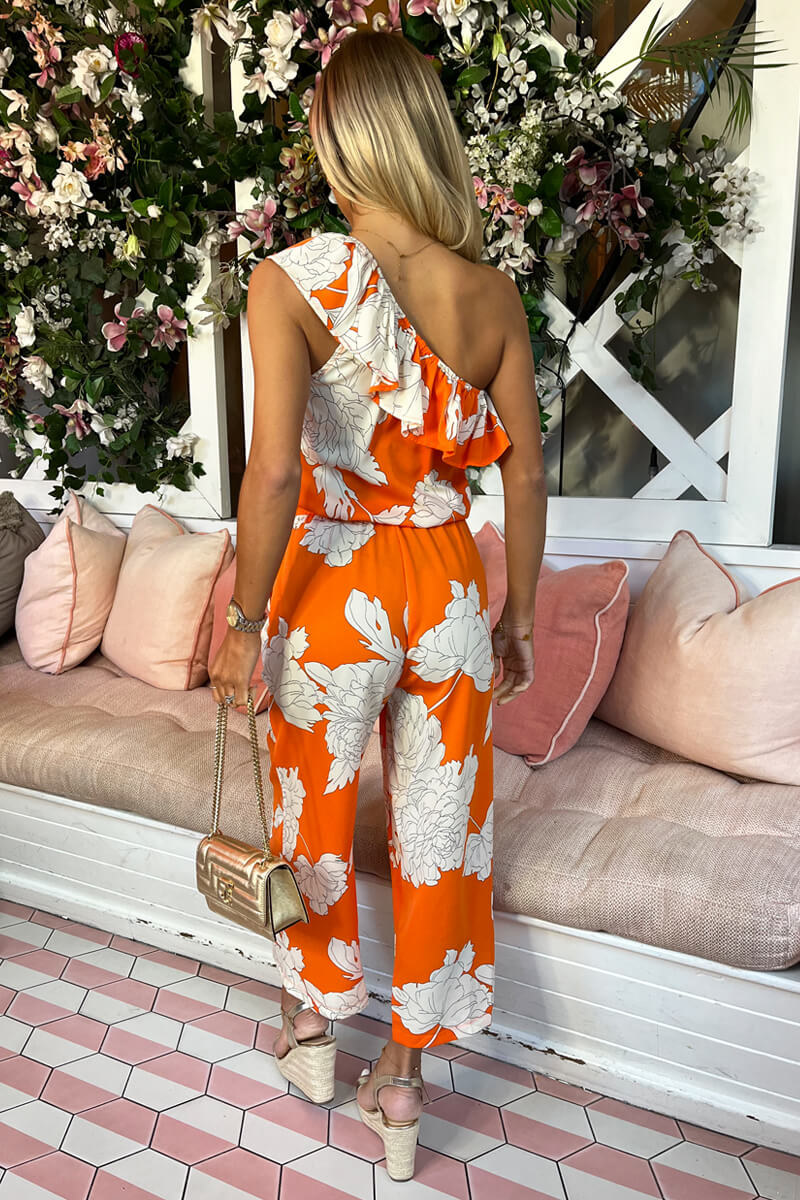 Blood Orange Floral Print One Shoulder Jumpsuit