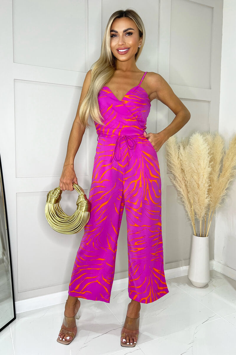 Pink and Orange Printed Wrap Top Tie Waist Full Length Jumpsuit