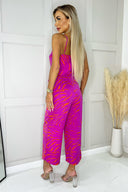 Pink and Orange Printed Wrap Top Tie Waist Full Length Jumpsuit