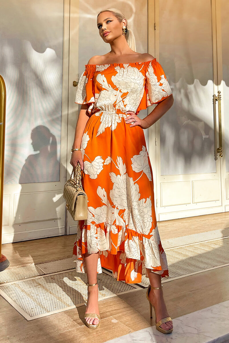 Blood Orange Printed Bardot Style Midi Dress