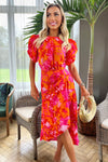 Pink And Orange Floral Printed Short Puff Sleeve Gathered Side Midi Dress