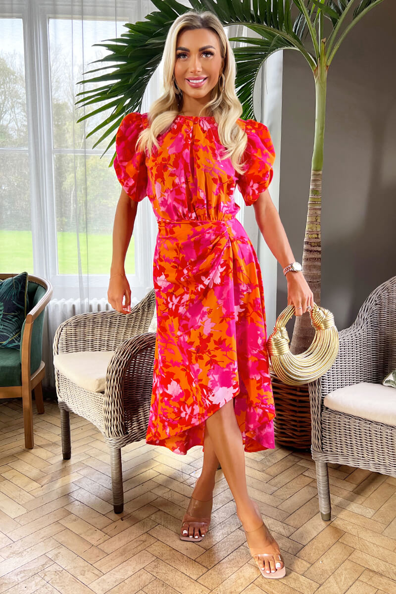Pink And Orange Floral Printed Short Puff Sleeve Gathered Side Midi Dress