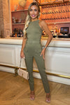 Khaki Belted High Neck Cargo Jumpsuit