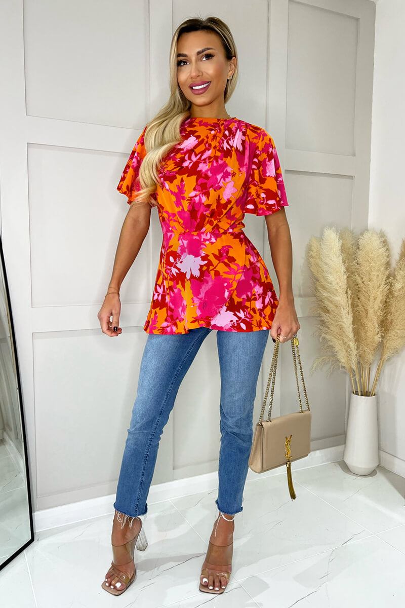 Pink And Orange Floral Printed High Neck Top