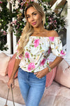 Cream Floral Print Elasticated Off The Shoulder Frill Detail Top