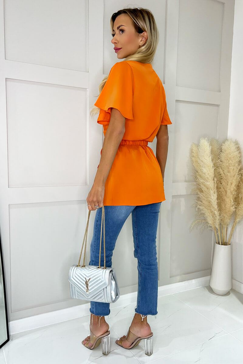 Orange Short Sleeve Wrap Belted Top