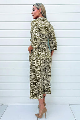 Khaki And Cream Print Shirt Midi Dress